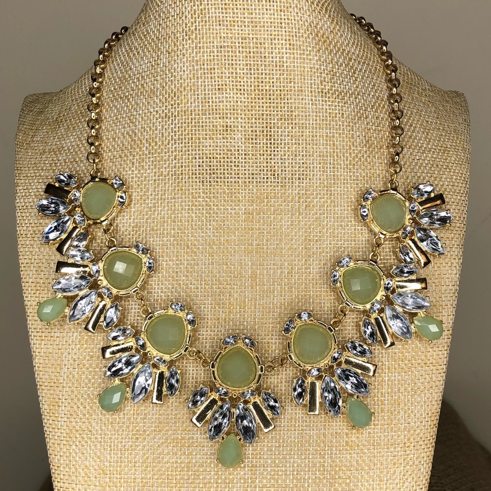 Gold tone, green and rhinestone fashion necklace